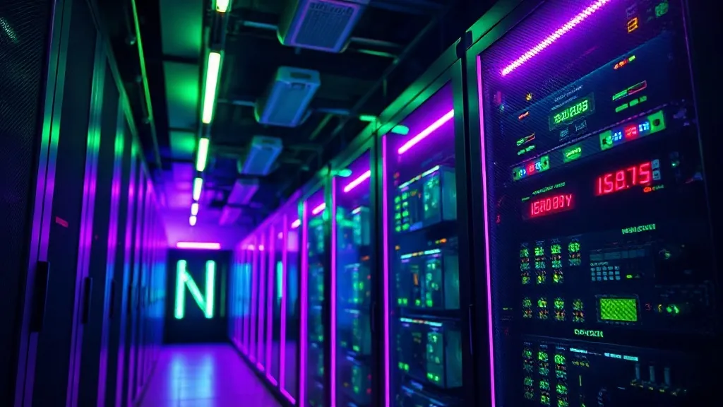 High-tech server room with purple and green neon lighting, f
