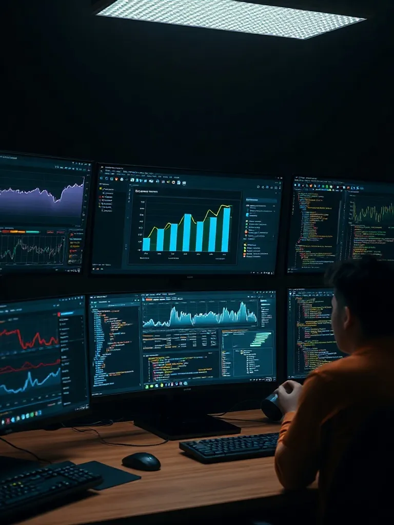 Professional dark workspace with multiple monitors displayin