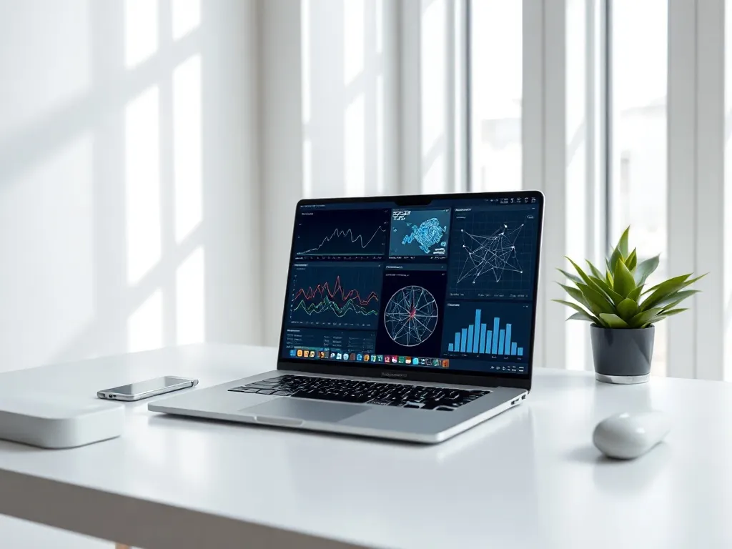 Professional minimalist workspace with a high-end laptop sho
