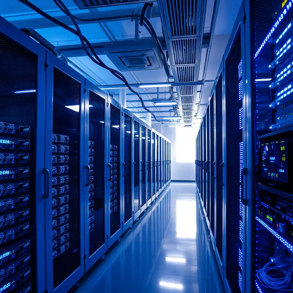 Modern clean data center server room with blue lights and ca